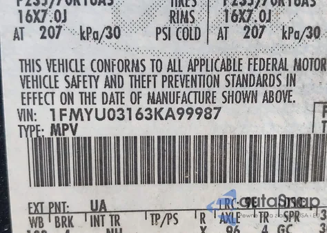 2003 Ford Escape Xlt z USA, uszkodzony, nr VIN 1FMYU03163KA99987